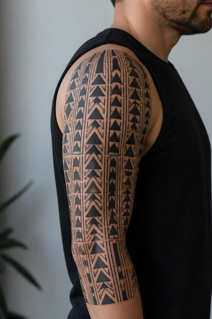 A blackwork upper arm sleeve where triangles, chevrons, and narrow rectangles stack in vertical columns along the outer arm. Thin line segments connect shapes like a grid that bends to match the arm curve.