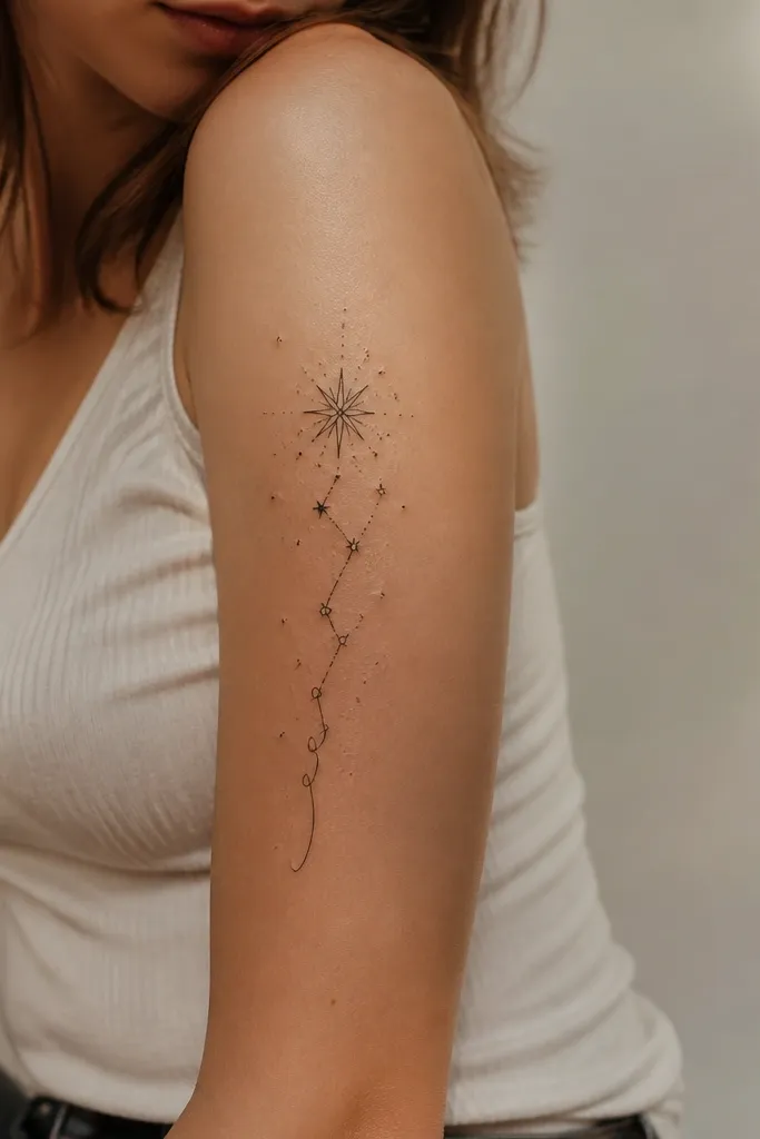 Upper arm tattoo with small cursive script running along the outer bicep. A central symbol sits above it, with tiny stars and dot clusters filling the space between letters and the symbol.