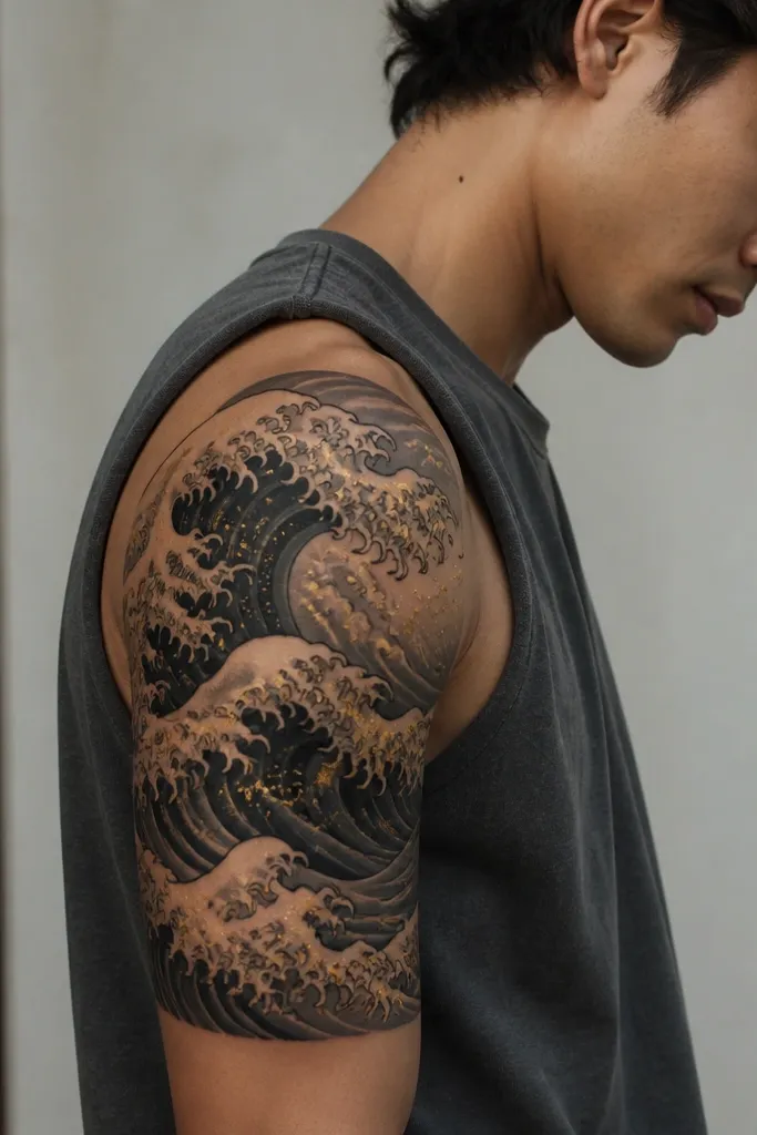 A Japanese wave motif wrapping the upper arm, with layered waves in black and gray. There are small gold ink accents like highlights in the wave crests, catching the light.