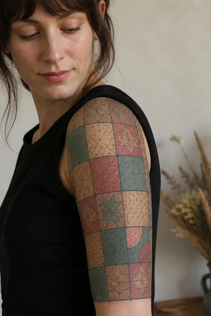 A patchwork-style upper arm sleeve made of quilt-like blocks separated by thin black lines. The blocks use muted tones - dusty rose, soft tan, and faded teal - with tiny stitch marks inside some blocks.