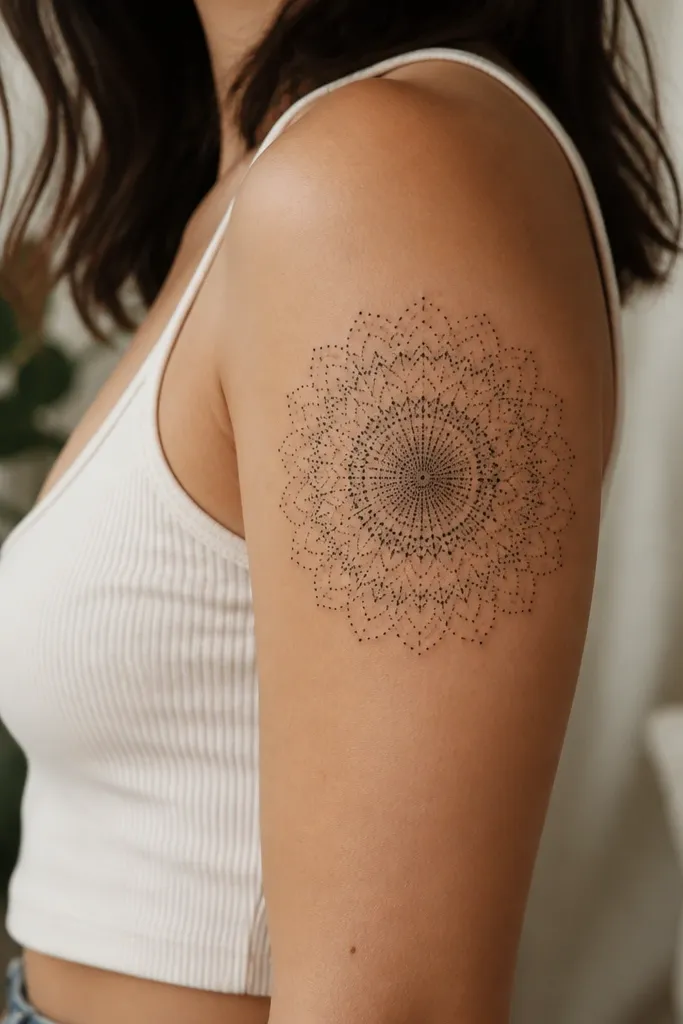 A dotwork mandala placed on the outer upper arm. It has concentric rings and small petal points, all in black dots with a gradient that gets denser at the center.