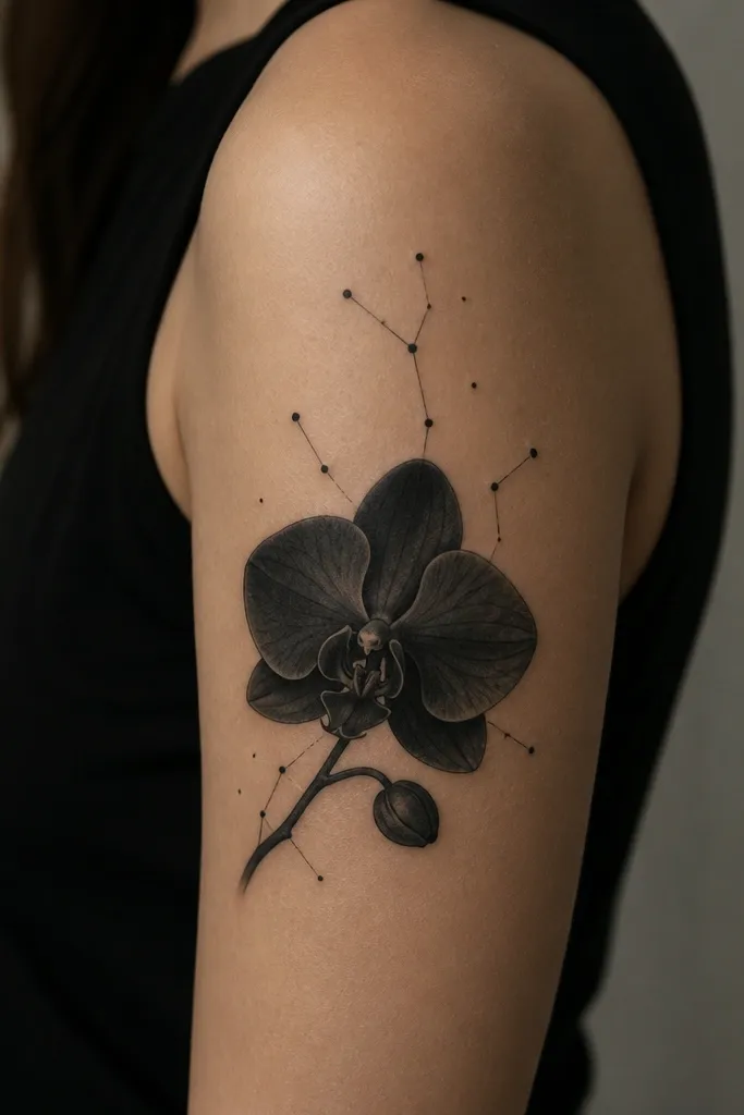 A black orchid on the outer upper arm with a few tiny constellation dots and thin connecting lines above and around it. The orchid has dense black shading with subtle gray in the petals.