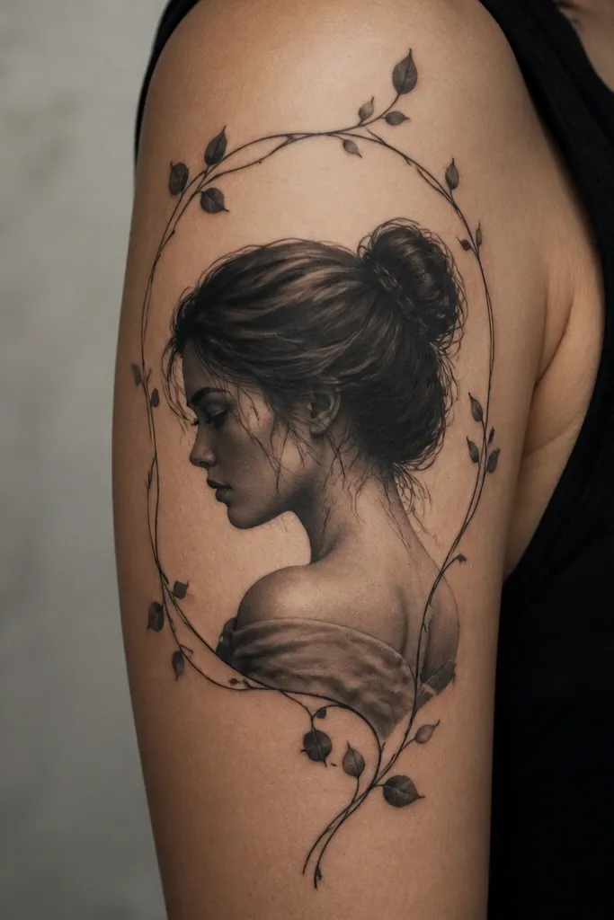 A realistic portrait silhouette style image on the upper arm, mostly in black and gray, framed by thin vine lines that wrap around the edges of the portrait. Small leaves sit at the vine turns.