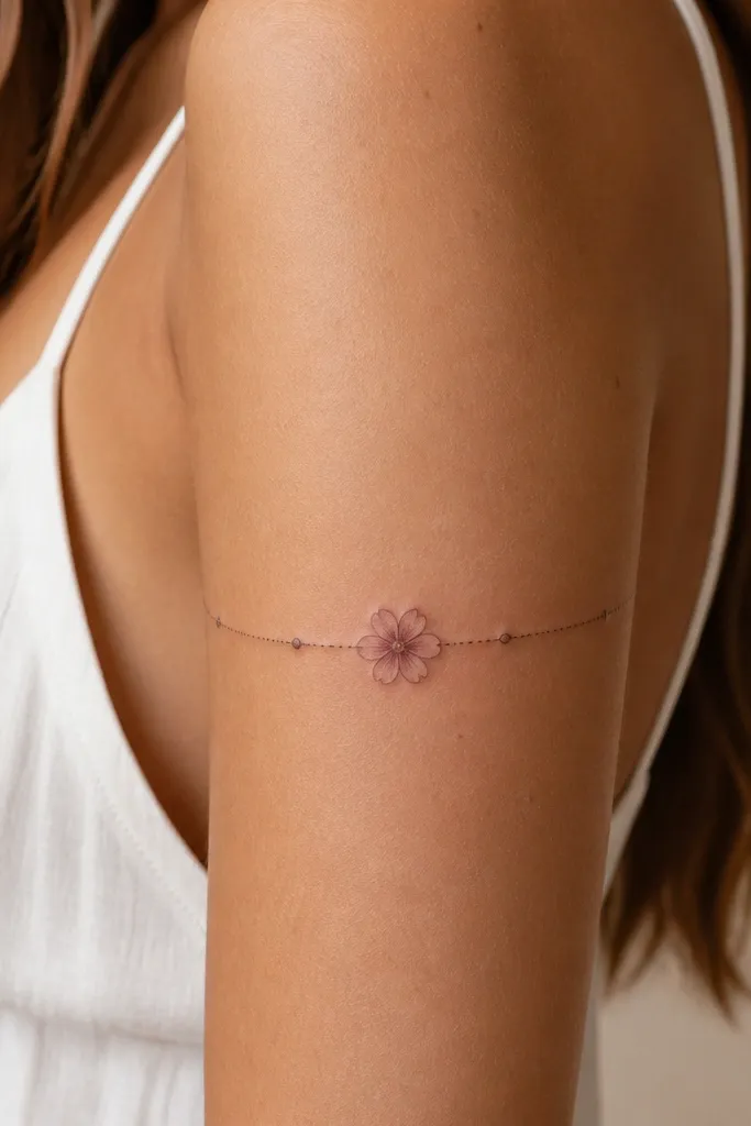 A small single flower sits on the outer upper arm, with two tiny bud dots wrapping around it like a thin halo band.