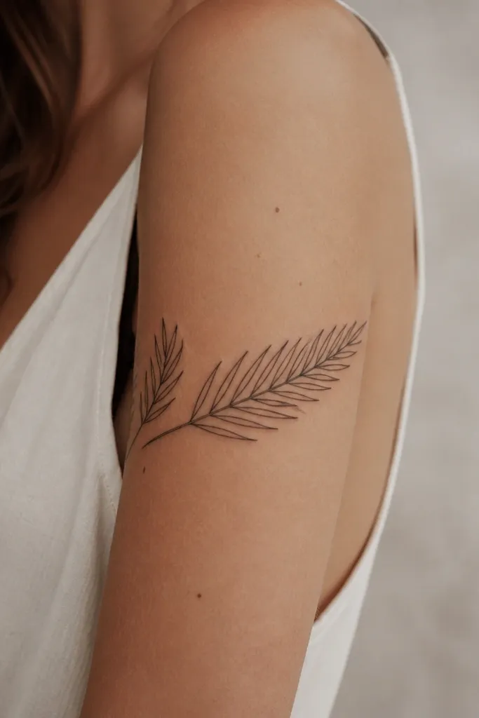 Fine-line palm frond leaves wrap around the upper arm in a narrow band, with the longest frond reaching the outer edge and shorter fronds tapering inward.