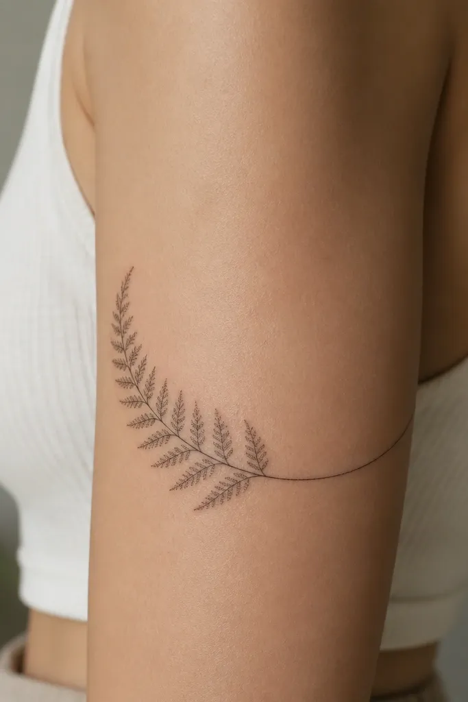 A small fern leaf wraps the upper arm like a crescent, with tiny dot shading in the frond segments and a clean stem line.