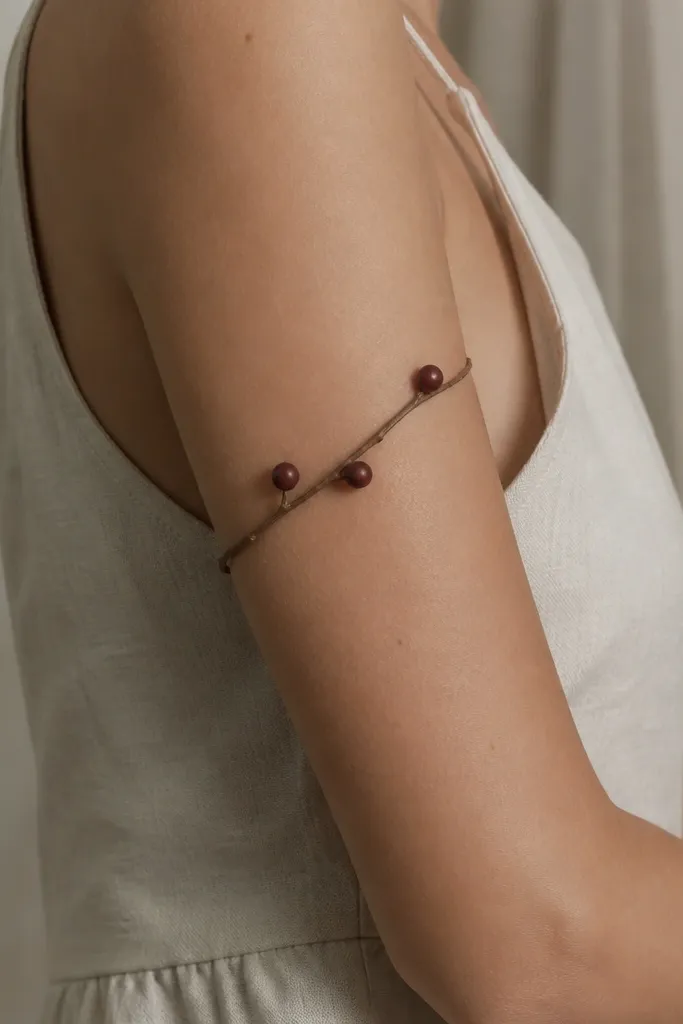 A thin twig wraps the upper arm diagonally, ending near the inner arm, with three small berry circles spaced along it.