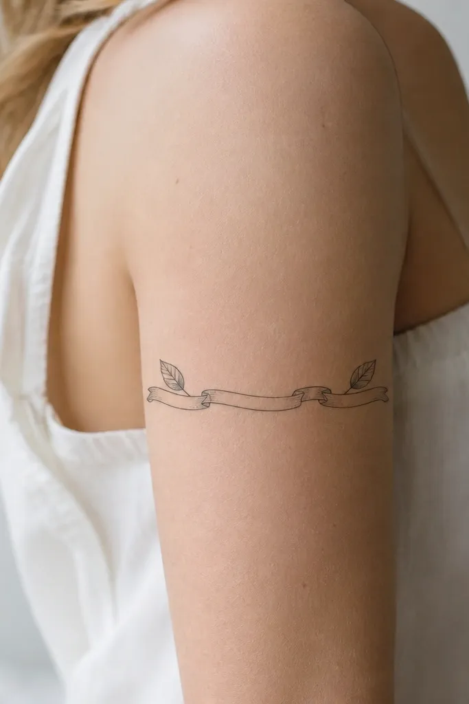 A thin ribbon band wraps the upper arm with small leaf tips at the ends and tiny dash lines along the ribbon folds.