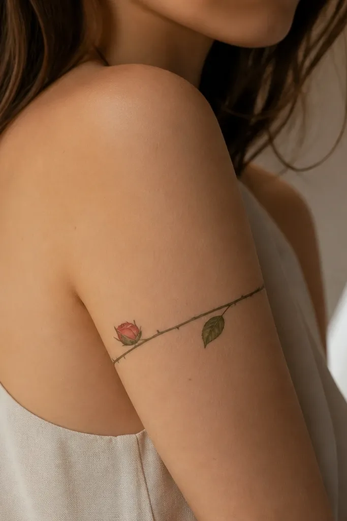 A small rose bud wraps around the upper arm with one single leaf on the outer side and a tiny thorn line near the inner edge.