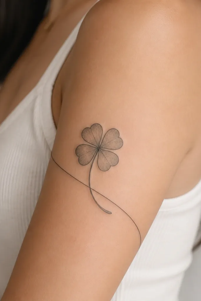 A four-leaf clover wraps the upper arm with a curved stem line that arcs toward the inner arm; the leaves are outlined and lightly shaded.