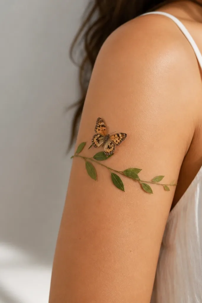 A small butterfly sits near the outer upper arm edge, with a leaf band wrapping behind it in a corner-like arc.