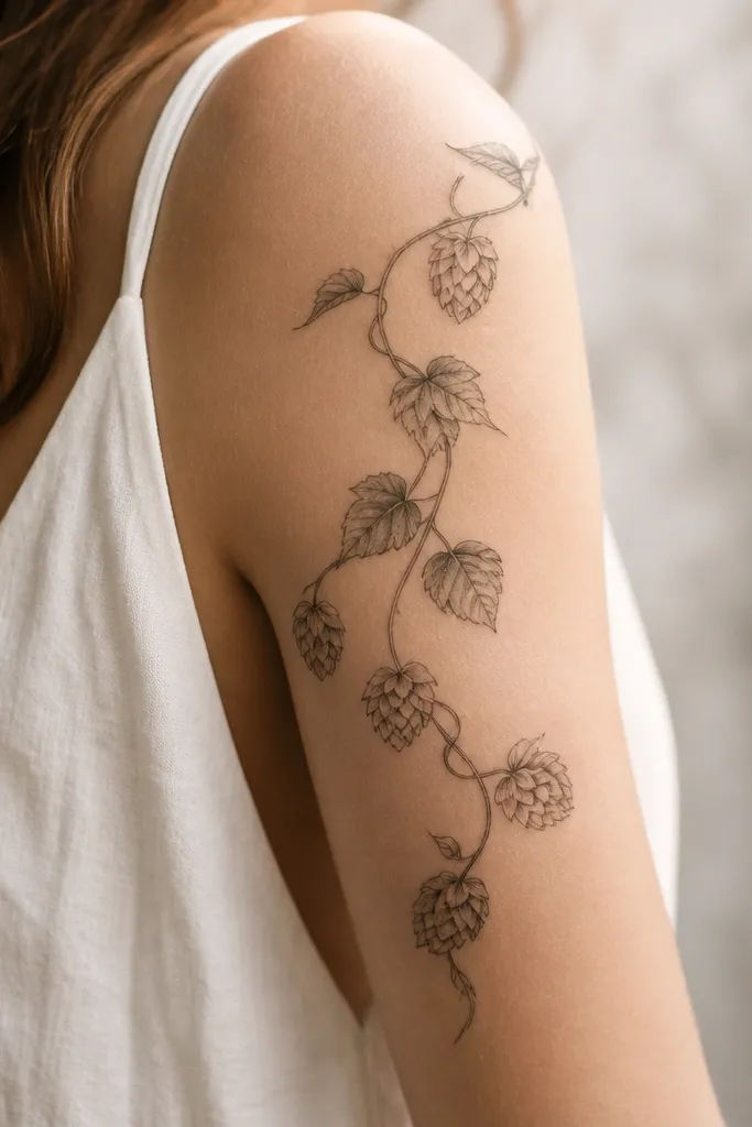 A hops vine wraps the upper arm with small stacked cone shapes along the vine, each cone outlined and lightly shaded.