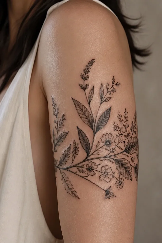 Upper arm wrap tattoo ideas with plants and details