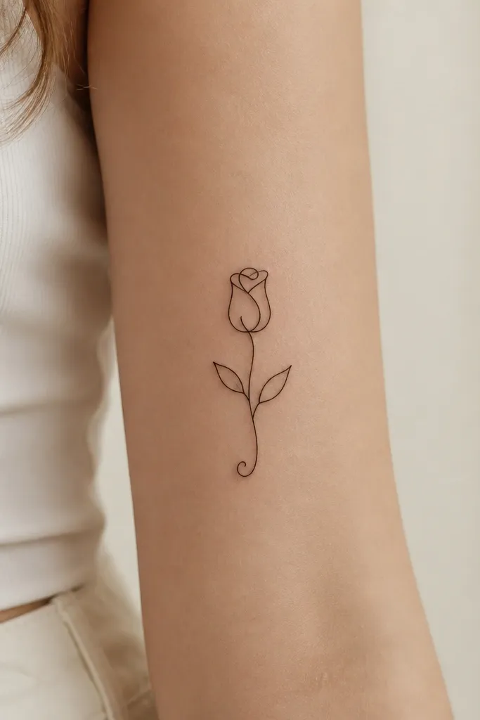 A minimal rose bud drawn in one continuous thin line, with two small leaves and a tiny curl at the bottom. No heavy shading, just clean black linework and lots of skin showing through.