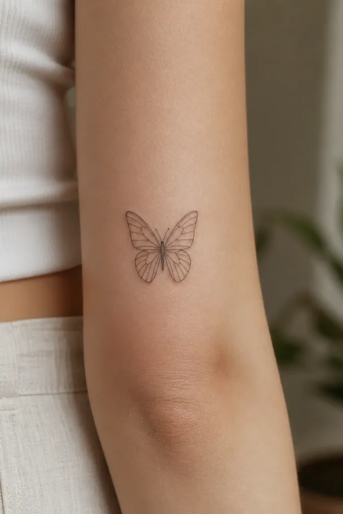 A small butterfly tattoo with open wings drawn in fine black lines, with a couple of micro dots in the wing centers. The butterfly sits vertically, wings angled slightly outward.