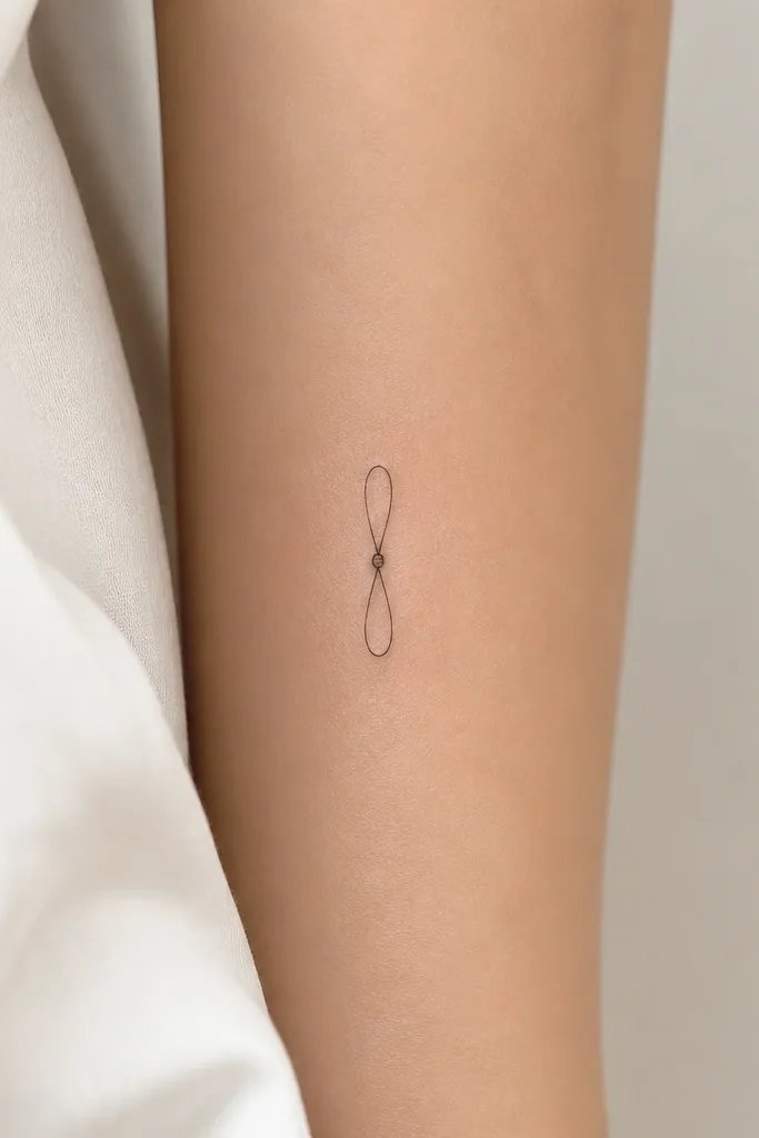 A tiny vertical bow tie tattoo with two slim loops and a small knot at the center. The lines are thin black, with a small gray shadow only under the knot.