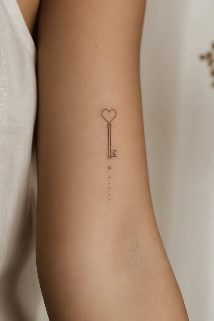 A small vertical key with a heart-shaped cutout near the top, plus a tiny dot trail leading downward. The key has thin linework; the heart is outlined only.