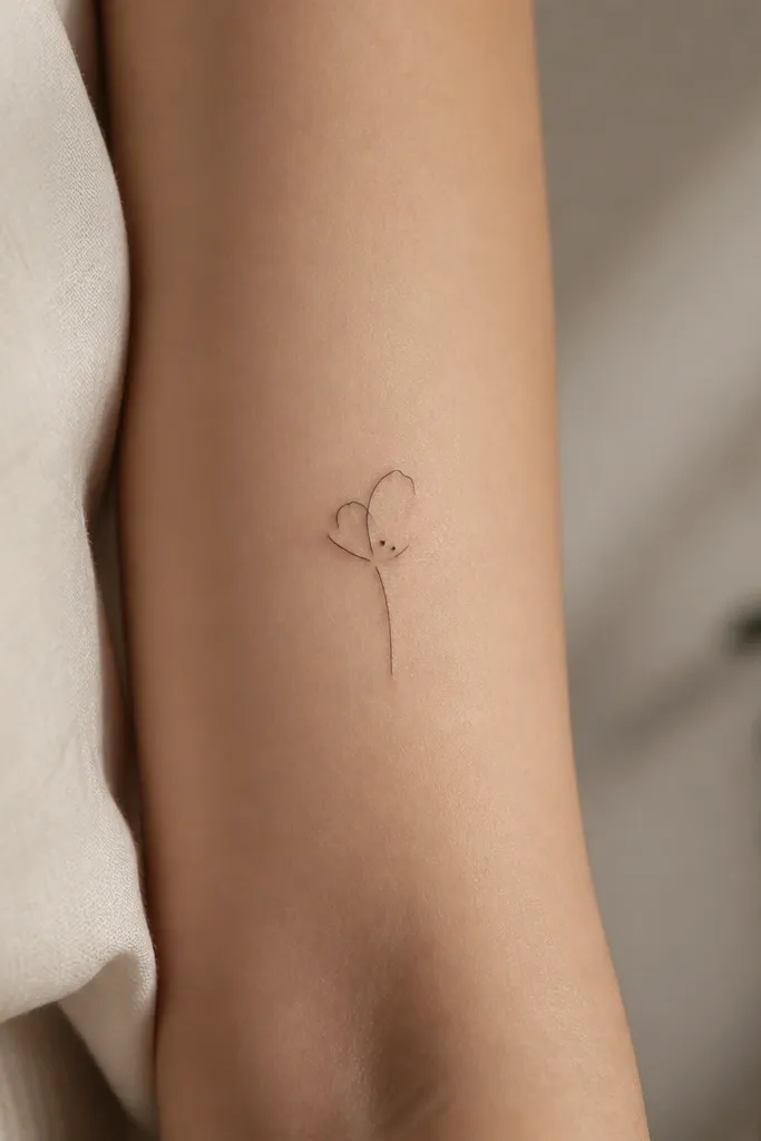A tiny vertical flower outline with only one or two petals fully drawn and the rest left as negative space. The center has two small dot points.