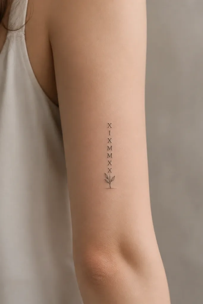 A small vertical tattoo of Roman numerals in thin serif lettering, with a tiny leaf sprouting from the bottom. Mostly black ink with one faint gray shadow under the leaf.