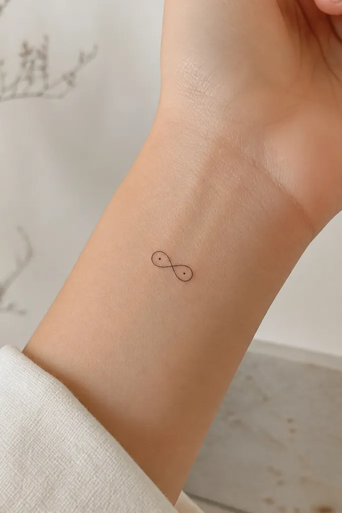 A tiny infinity symbol drawn in thin black linework, with one micro dot on each loop. The lines are smooth and evenly weighted.