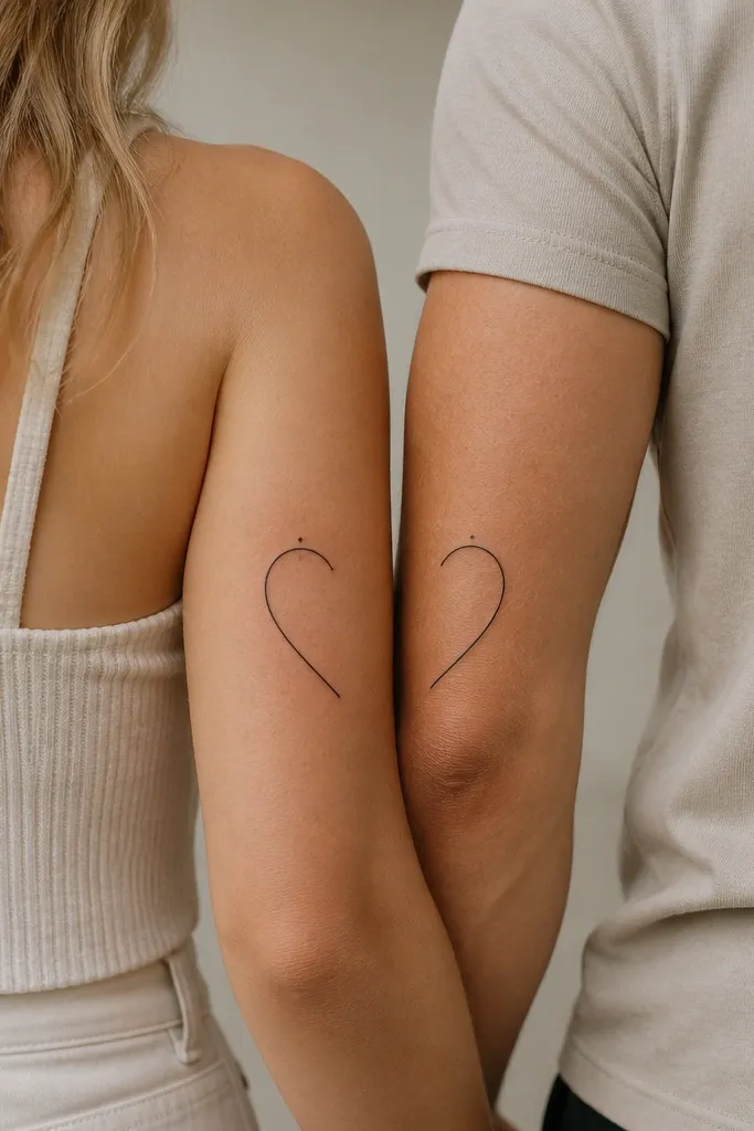 A small half-heart outline on one arm and a complementary half-heart outline on the other person. Each half is about 2.5 inches tall and sits vertically with a tiny dot at the top point.