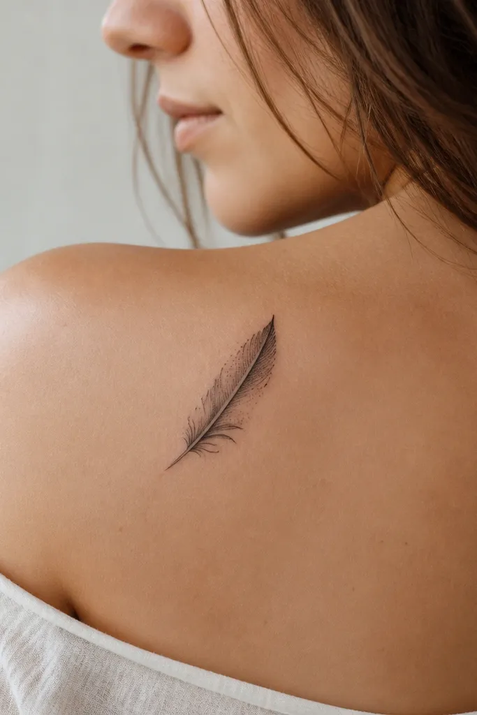 A small feather tattoo drawn in fine black with a stipple gradient along one side. Several tiny feather barbs are drawn with minimal dots and short lines.