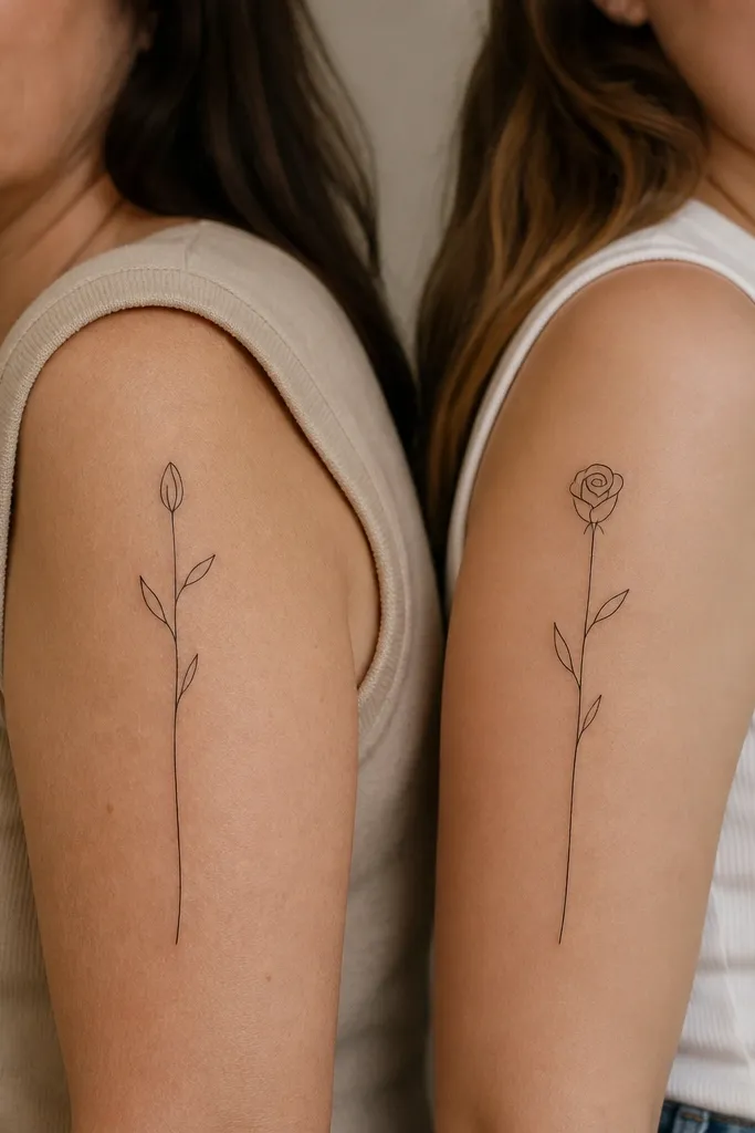 A single continuous fine-line stem tattoo runs vertically on the upper arm. The mom's version has a simple bud and a few leaves; the daughter's version uses the same stem line but swaps the bud into a tiny rose silhouette, still drawn in one clean line.
