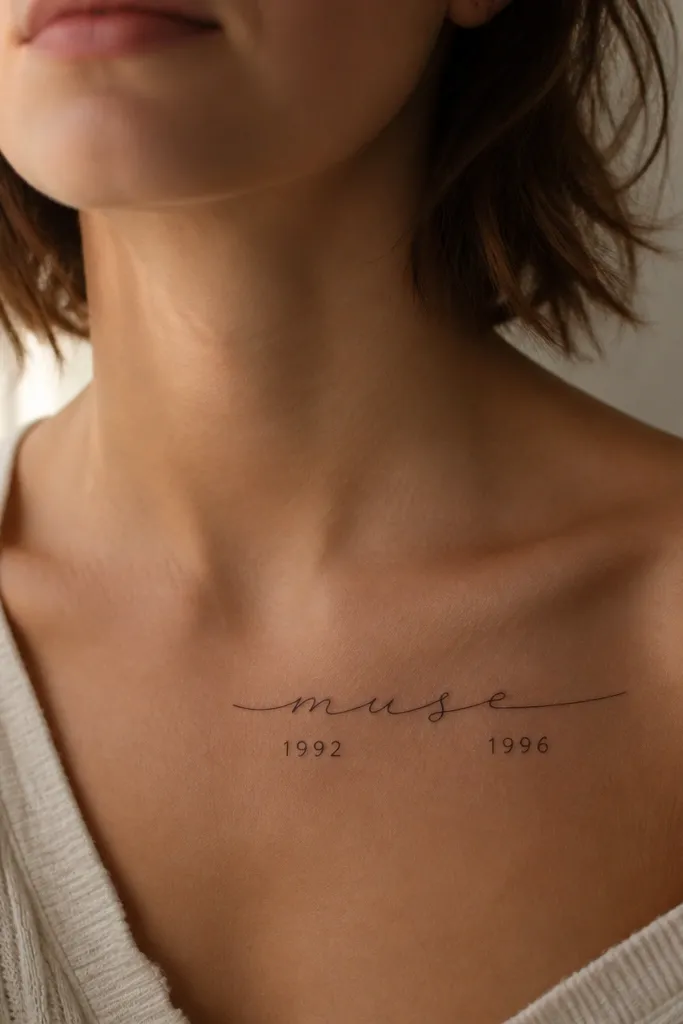 A small script word sits across the top of the collarbone area with two tiny birth-year numerals beneath it like bookends. The ink is black, the script is thin and airy, and the numerals are clean block numbers with sharp edges.