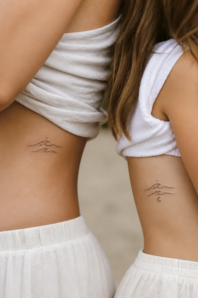 Two small wave tattoos along the side of the ribs. Mom's waves are three thin arcs with a dot at the highest point. Daughter's waves are the same arcs but include a single longer wave line and a small crescent at the lowest point.