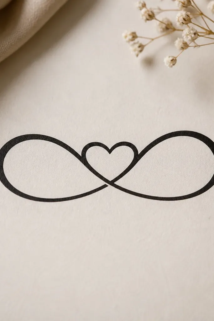 A black infinity symbol with a heart shape formed by the empty center. The knot loops are thin and smooth, and the heart is created by the negative space rather than filled ink.