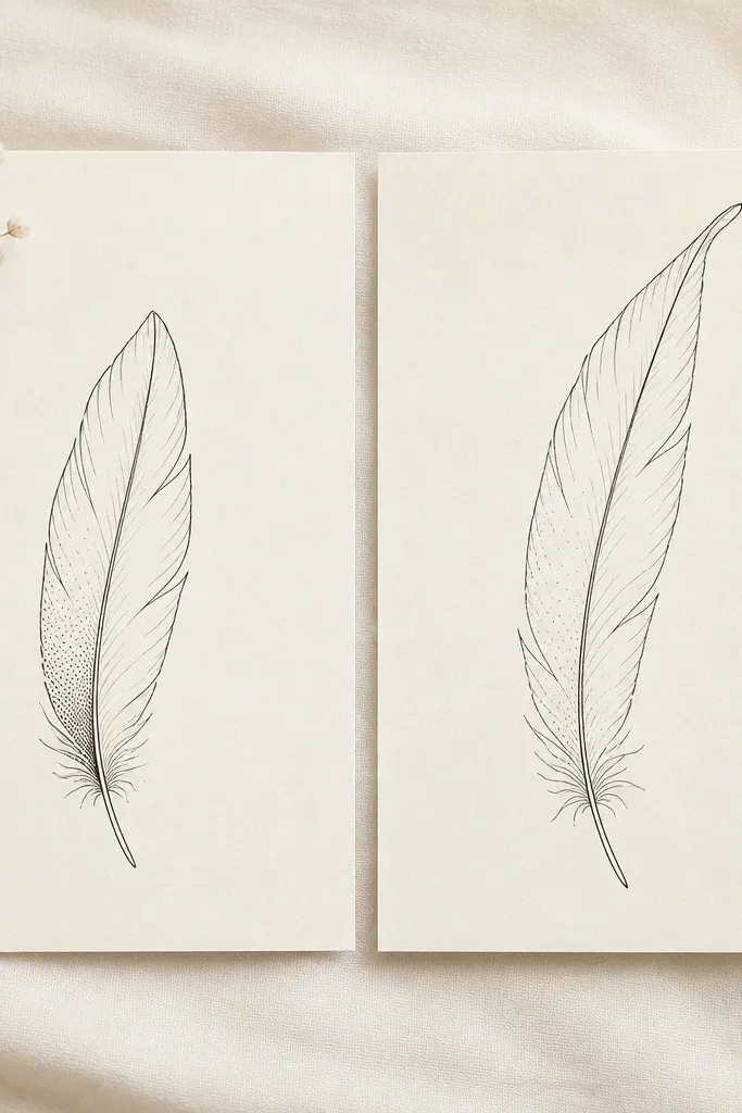 A feather outline in black fine-line with tiny dot shading along one side only. Mom's feather has a denser dot line near the quill; daughter's feather has lighter dot spacing and a slightly longer tip.