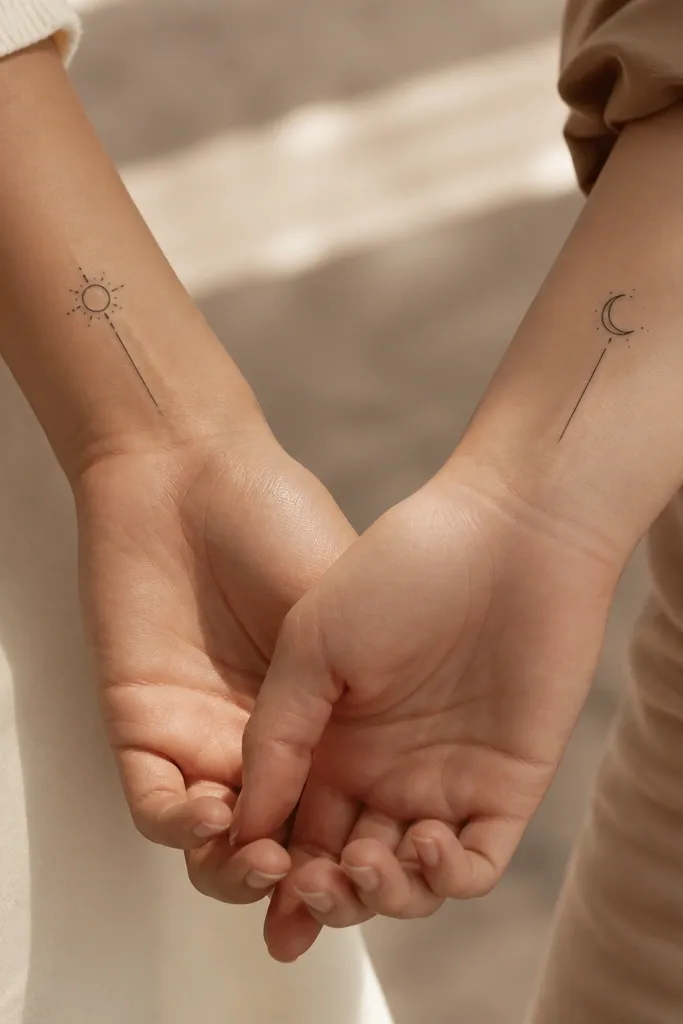 A small sun on one person's inner wrist and a small moon on the other's, both in black. They share the same single long ray line and the same dot count around the main shape.
