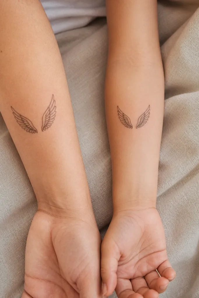 Small, clean black wing outlines on the upper back/shoulder area. One wing has a single extra feather detail in the outer section for the daughter, while mom's wing has a simpler outer edge.