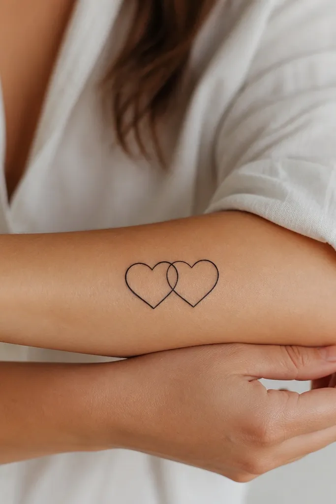 Two interlocking hearts on the forearm. The hearts are outlined in black with a gap where the overlap would be. The overlap is left as skin (no filled ink), so the hearts look like they connect through negative space.