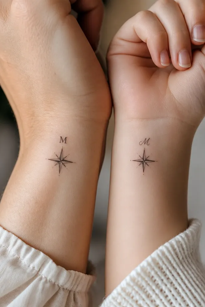 A small compass rose drawn with fine lines and four cardinal points. The mom's compass has an engraved-looking letter near the top point, and the daughter's has the same letter but in a different font style, with the rest of the rose matching.