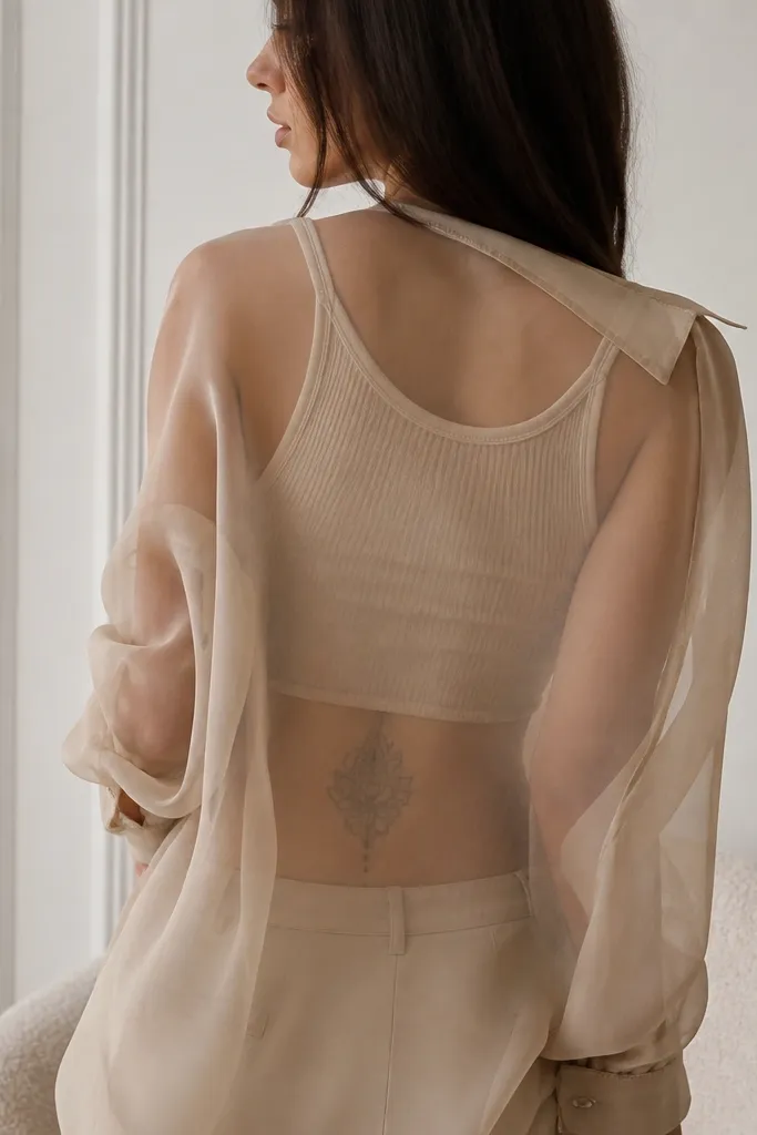 A sheer chiffon button-up in champagne, worn open over a fitted rib tank; the lower-back word tattoo is visible through the sheer layer without distortion.