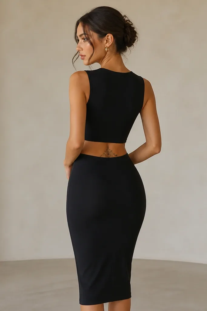 A matte black bodycon midi dress with a smooth back and no cutouts, showing the lower-back word tattoo just above the seatline; the lighting is even and flattering.