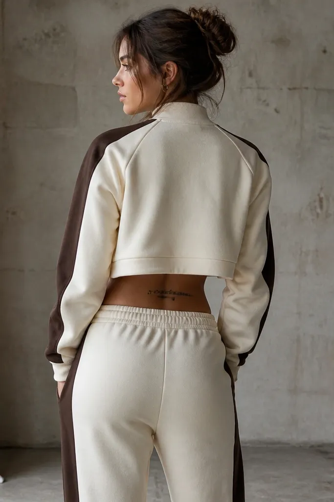 A cream-and-espresso two-tone sweat set with the sweatshirt hem cropped slightly at the back, revealing a lower-back word tattoo; the outfit looks sporty but clean.