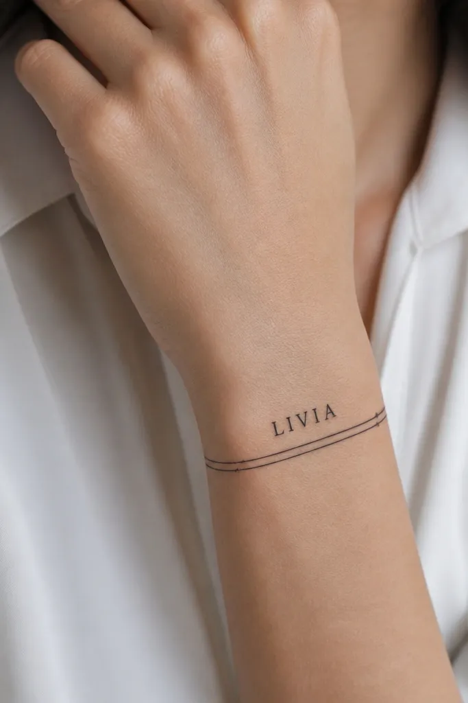 A compact name written in clean roman-letter style, underlined by two parallel thin lines that run across the wrist. The lines are evenly spaced and end with tiny pointed terminals.
