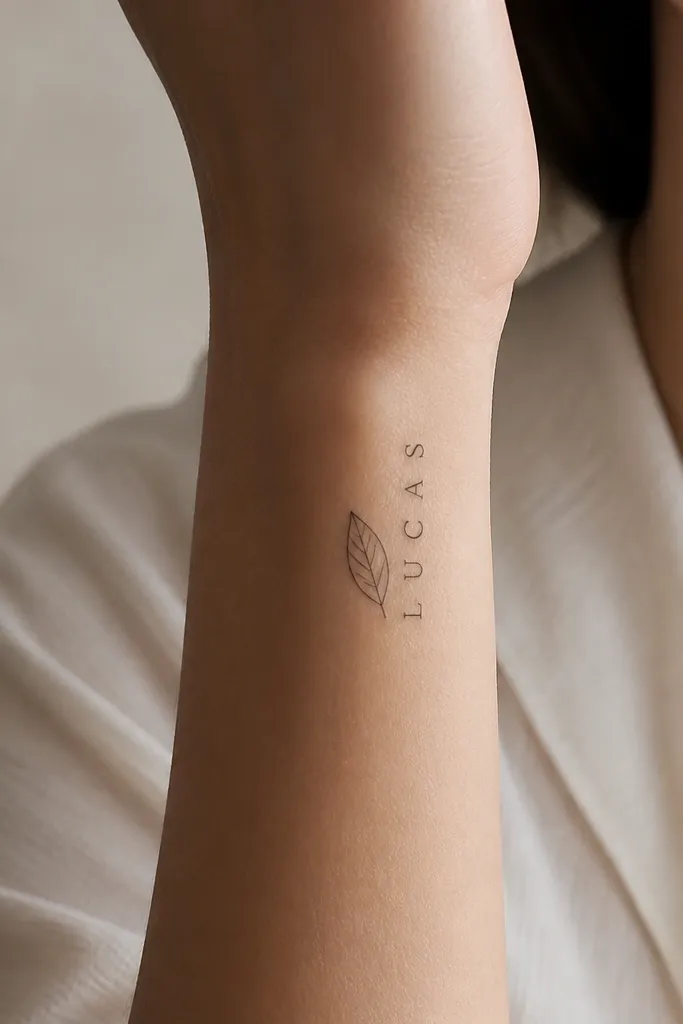 A minimal serif name written vertically along the outer wrist, with a tiny sideways leaf skeleton beside it. The leaf has a central vein line and a few delicate side veins drawn in black.