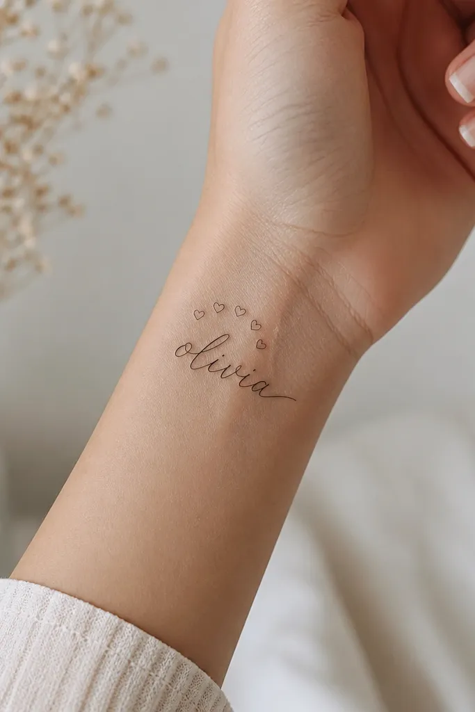 A cursive name on the inner wrist, with a small halo made of five tiny hearts above the first half of the name. The hearts are line-drawn, no fill, and the name has thin upstrokes.