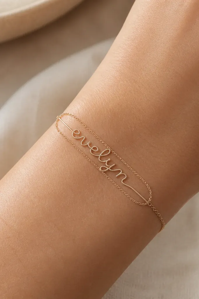 A single continuous line cursive name, wrapped on both sides by a micro chain border made of tiny connected ovals. The chain sits like a thin frame around the name.