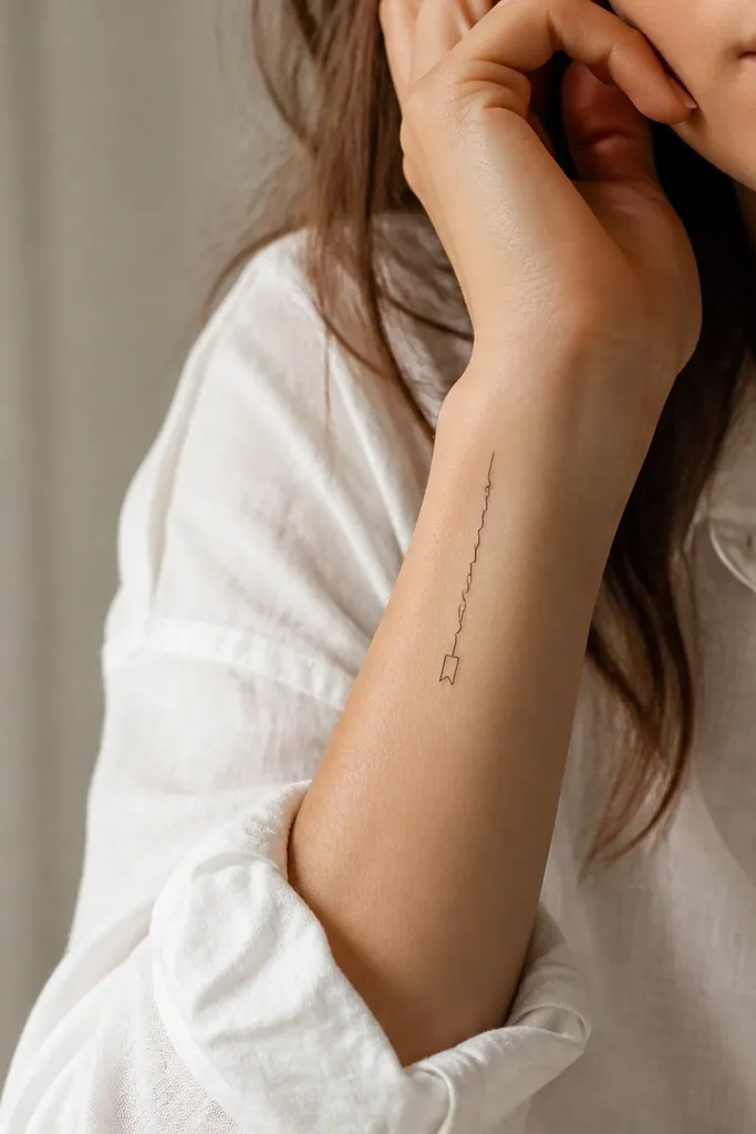 A vertical name written in slim lettering along the outer wrist, ending near the thumb side. At the bottom, there's a tiny bookmark tab shape drawn in black line work.