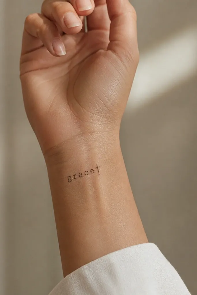 A name in a typewriter-style thin font on the inner wrist. At the end of the name, a micro cross sits like a small t - black line work, no fill.
