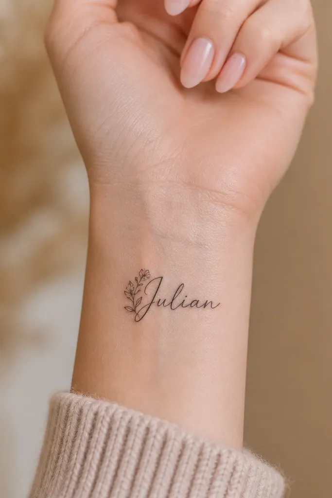 A cursive name on the wrist with tiny blossom outlines clustered around a single letter in the middle. The blossoms are line-drawn with small petal loops and no shading.