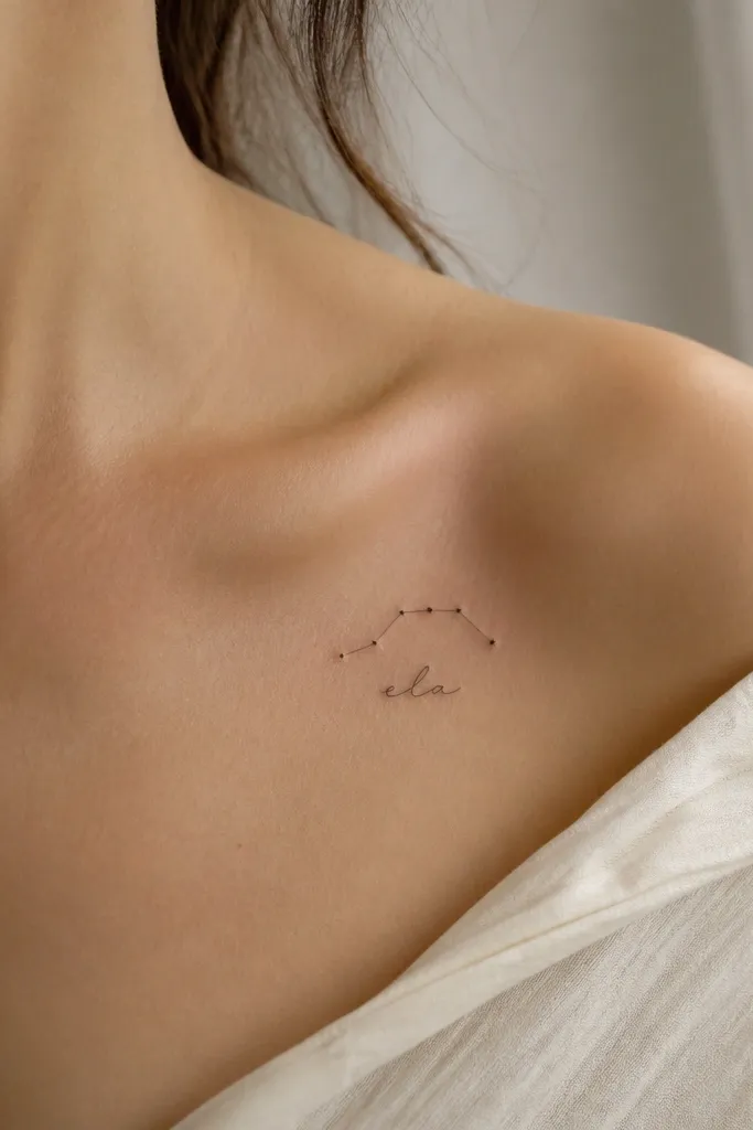 A small name in thin script with a constellation line made of tiny dots and short connecting strokes above the letters. The constellation uses 6 to 8 dots and a few straight line segments.